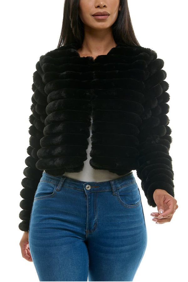Long Sleeve Ribbed Faux Fur Bolero Nina Leonard L8525DF