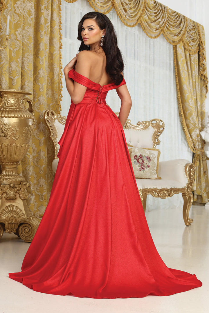 Off-the-Shoulder Floor-Length with Train Satin Prom A-Line May Queen 2056