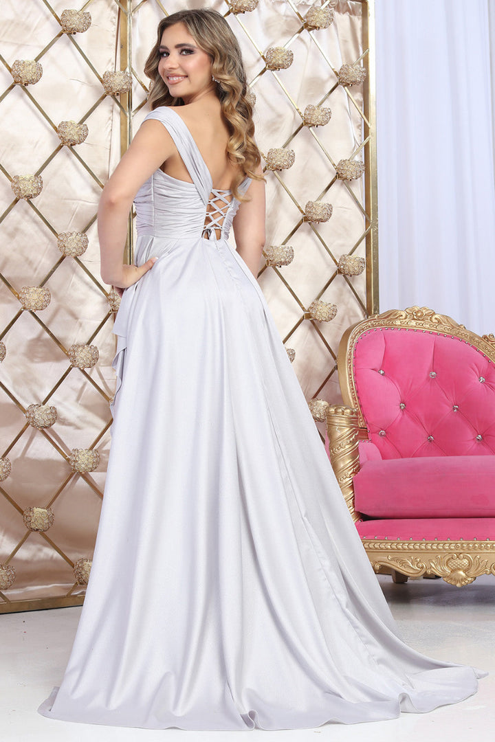 Off-the-Shoulder Floor-Length with Train Satin Prom A-Line May Queen 2056