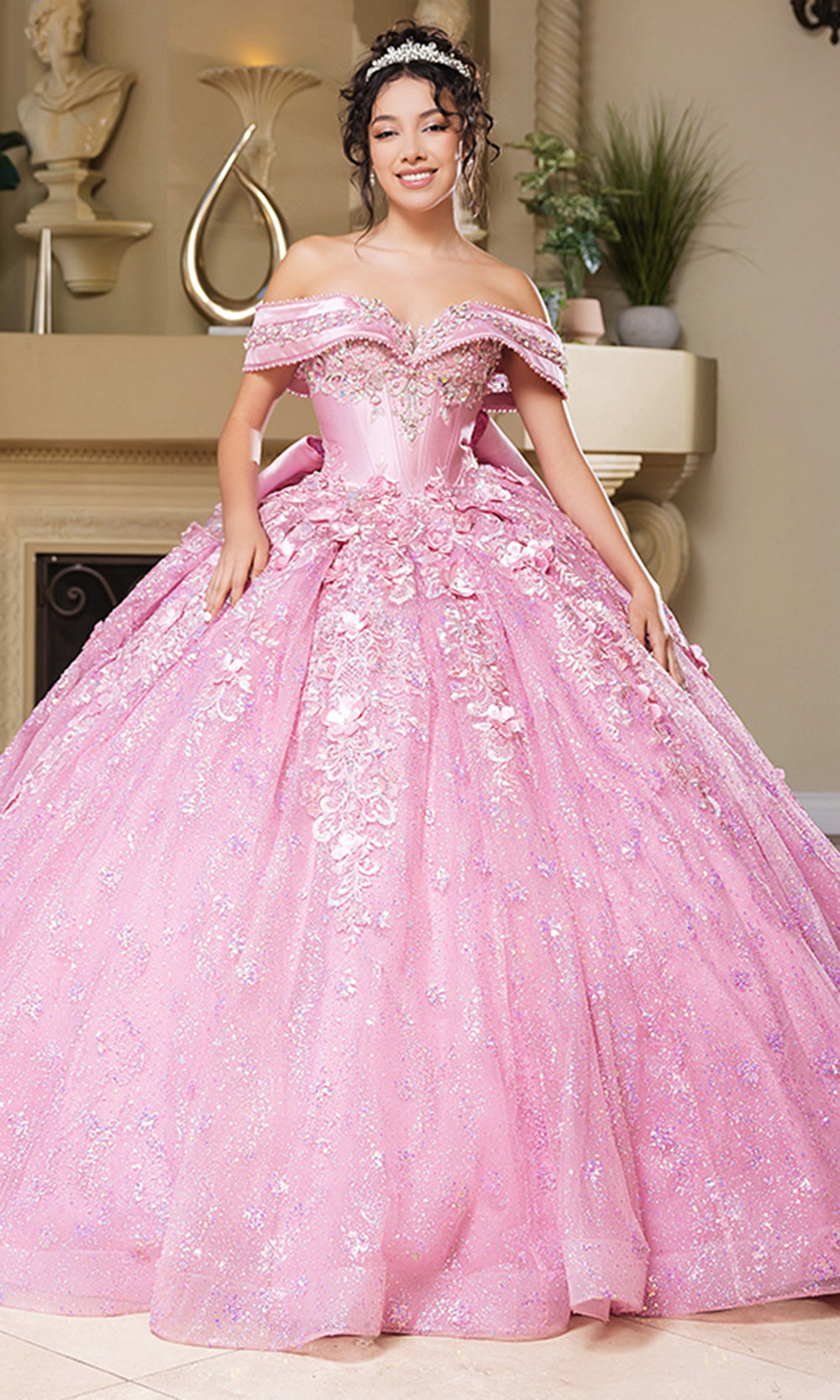 Off-the-Shoulder Floor-Length with Train Tulle Quinceañera Ball Gown May Queen LK277