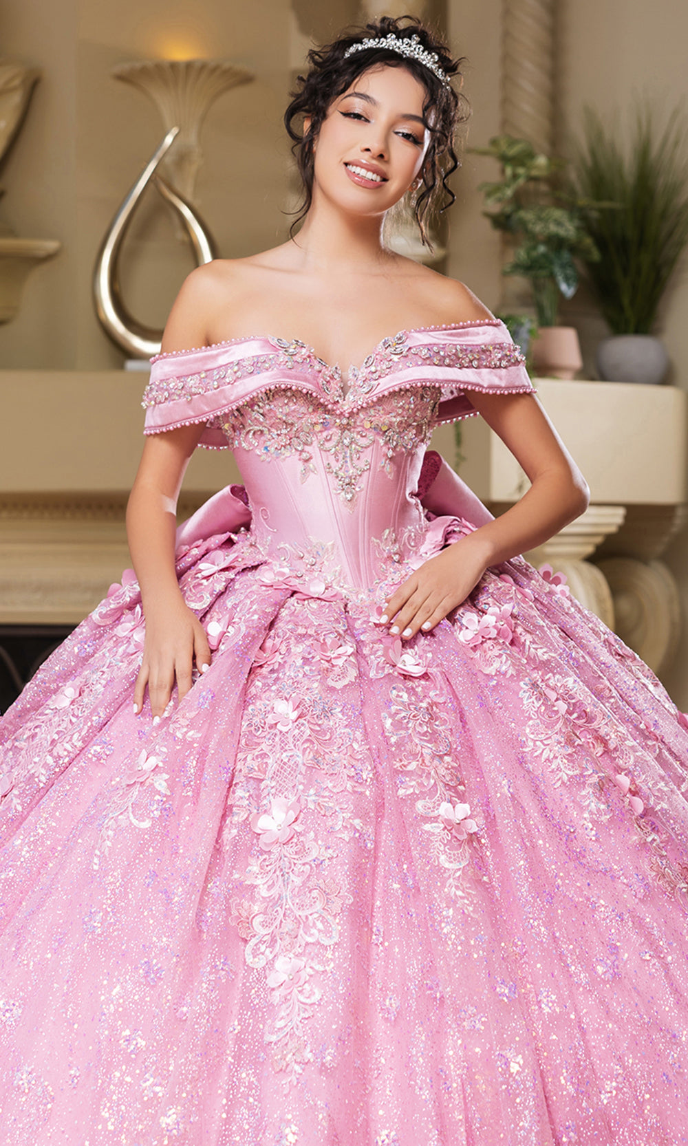 Off-the-Shoulder Floor-Length with Train Tulle Quinceañera Ball Gown May Queen LK277