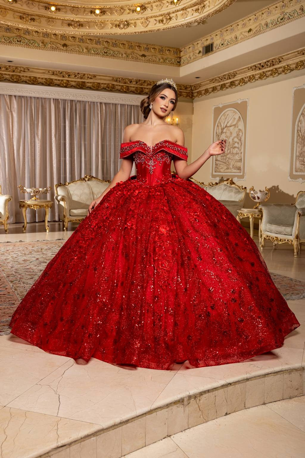 Off-the-Shoulder Floor-Length with Train Tulle Quinceañera Ball Gown May Queen LK277