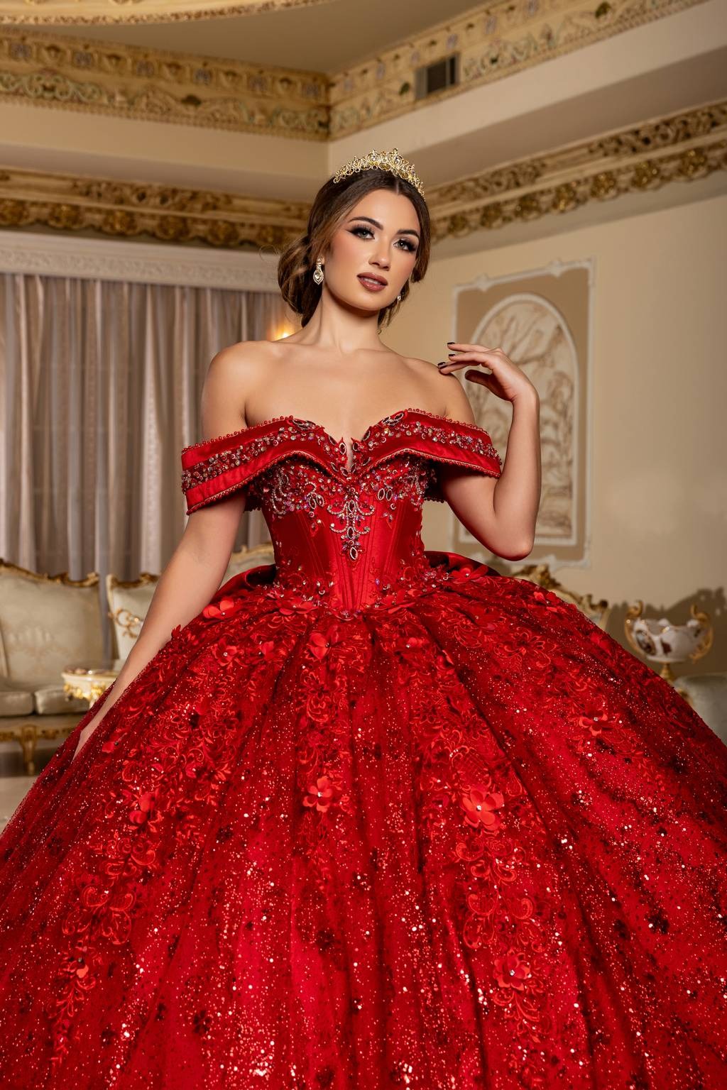 Off-the-Shoulder Floor-Length with Train Tulle Quinceañera Ball Gown May Queen LK277