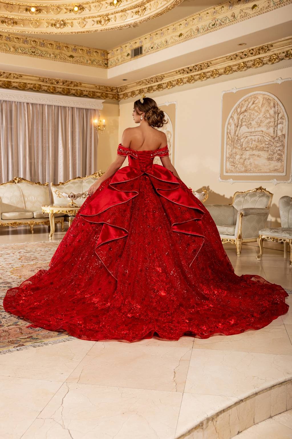 Off-the-Shoulder Floor-Length with Train Tulle Quinceañera Ball Gown May Queen LK277