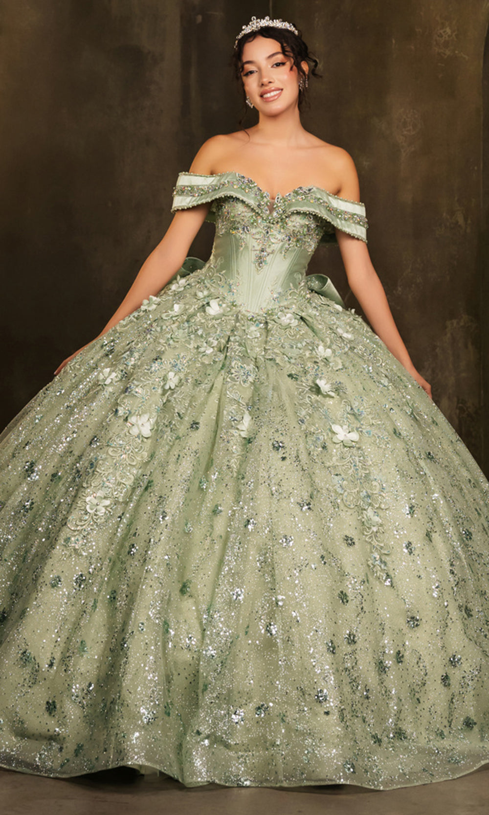 Off-the-Shoulder Floor-Length with Train Tulle Quinceañera Ball Gown May Queen LK277