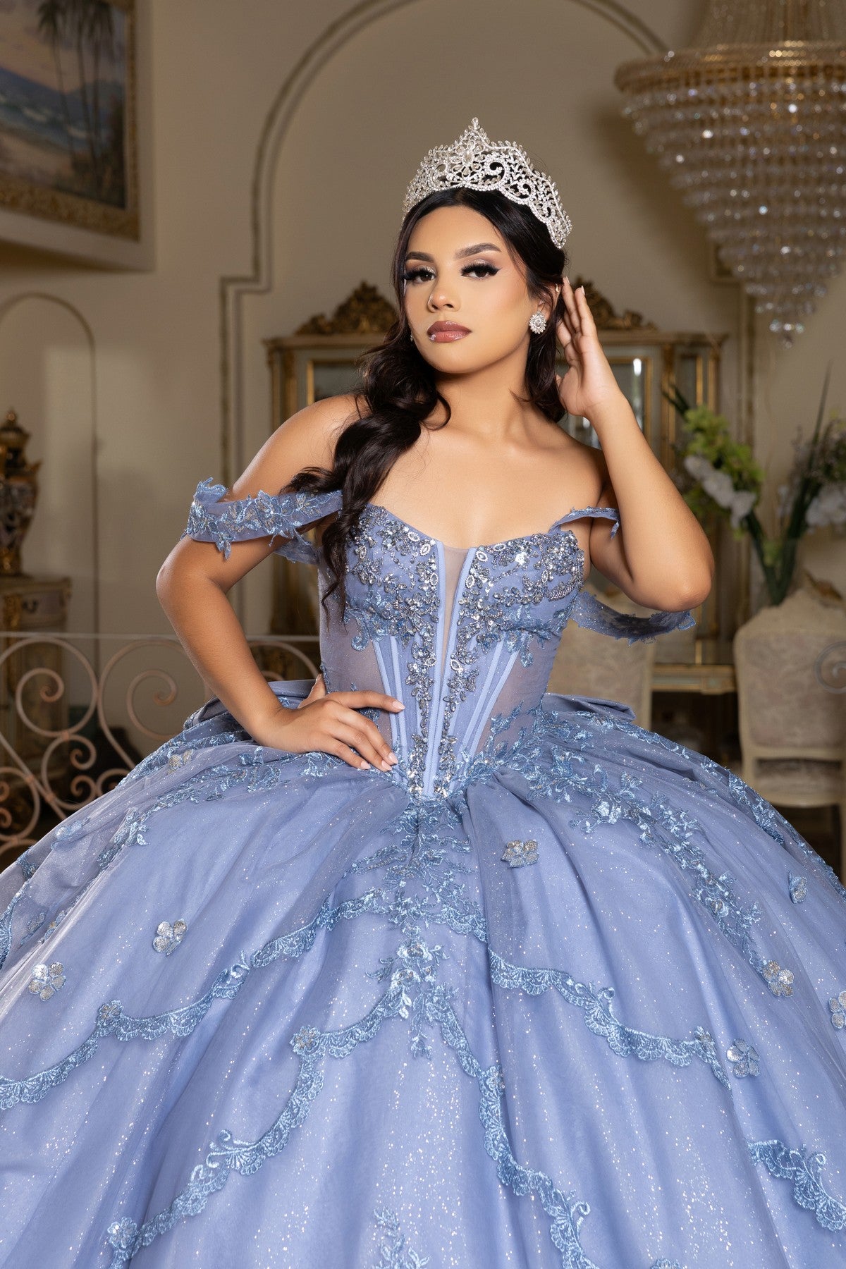 Off-the-Shoulder Floor-Length Tulle Quinceañera Ball Gown May Queen LK283