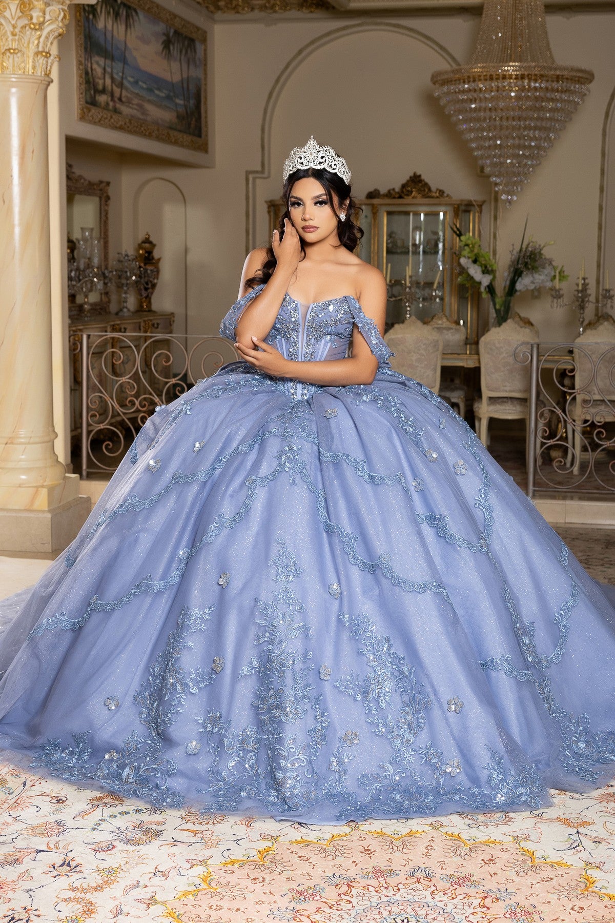 Off-the-Shoulder Floor-Length Tulle Quinceañera Ball Gown May Queen LK283
