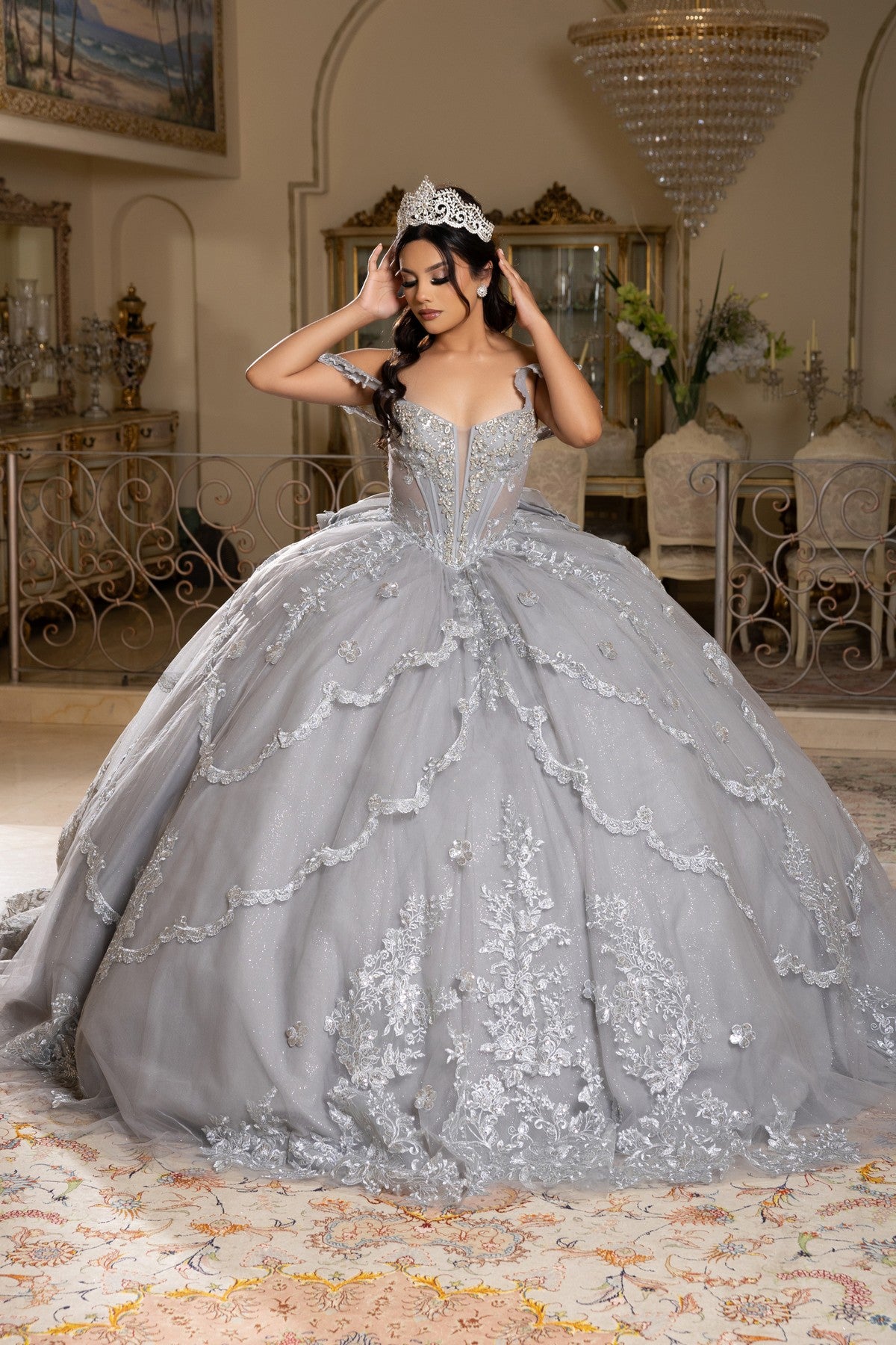 Off-the-Shoulder Floor-Length Tulle Quinceañera Ball Gown May Queen LK283