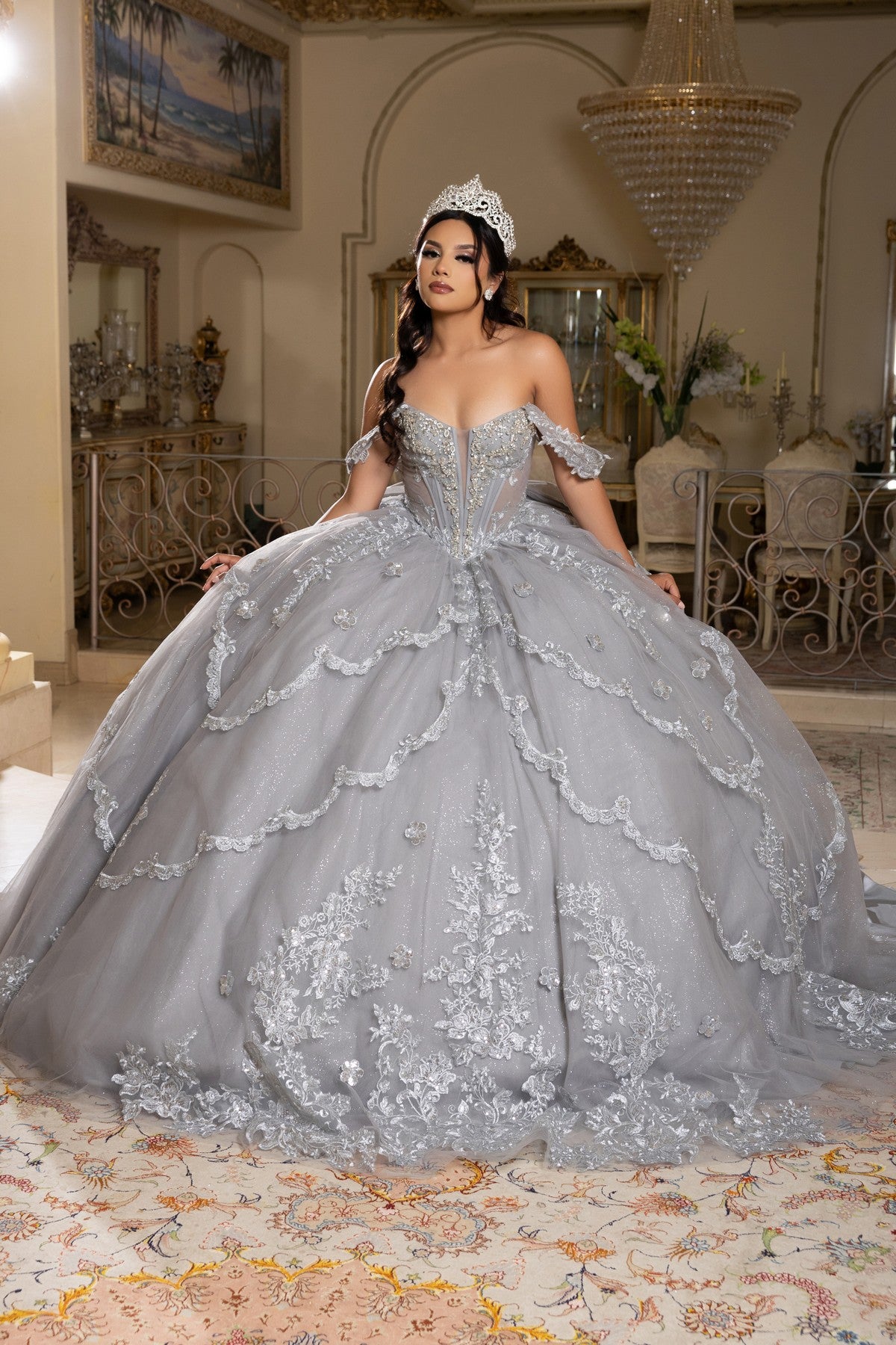 Off-the-Shoulder Floor-Length Tulle Quinceañera Ball Gown May Queen LK283