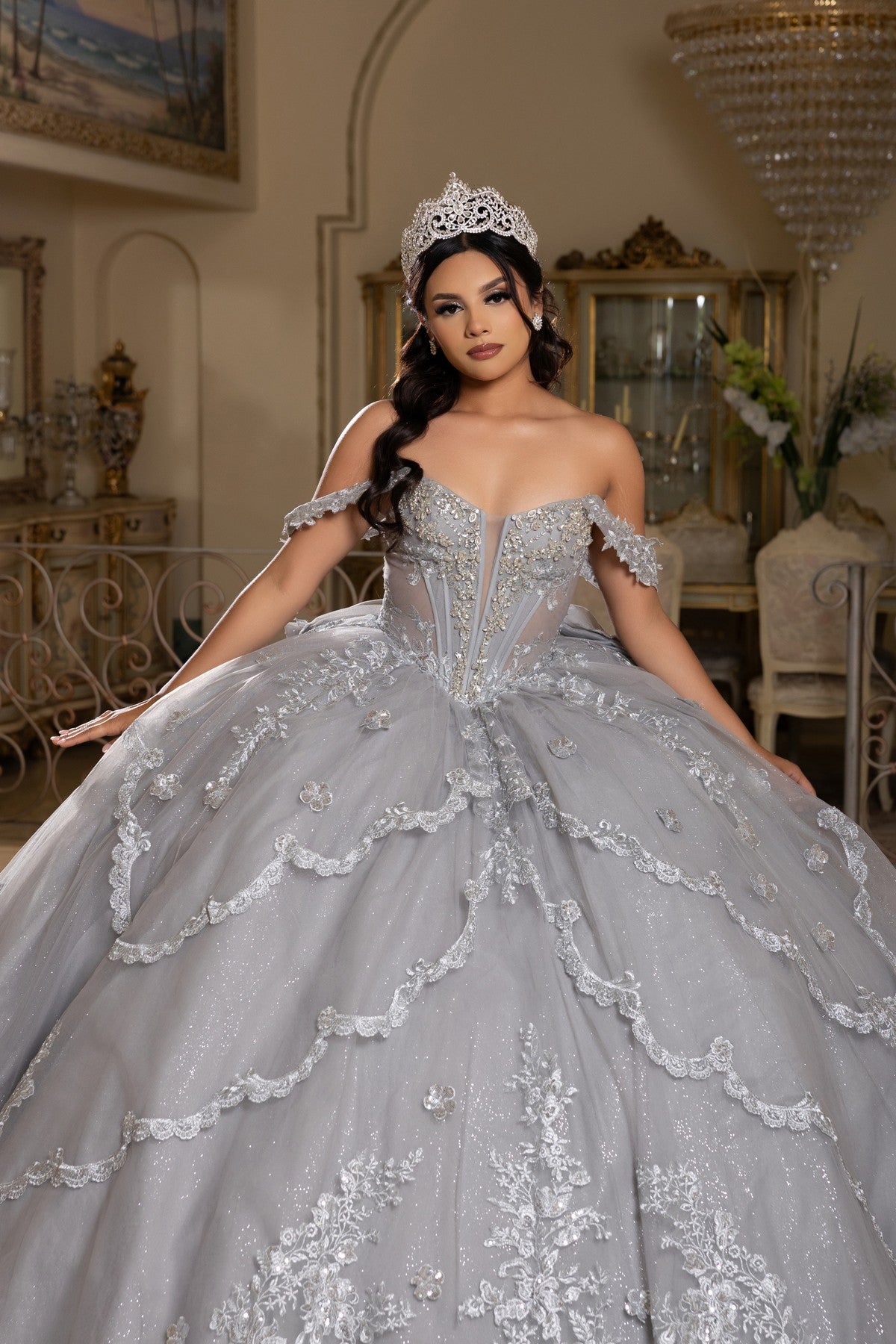 Off-the-Shoulder Floor-Length Tulle Quinceañera Ball Gown May Queen LK283