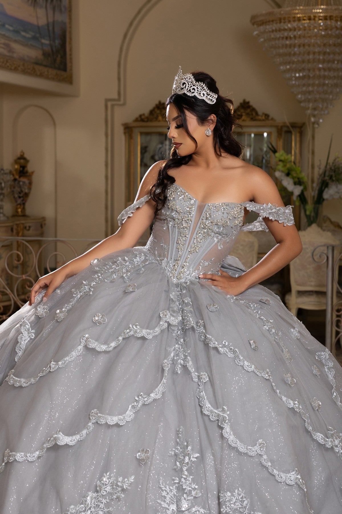 Off-the-Shoulder Floor-Length Tulle Quinceañera Ball Gown May Queen LK283