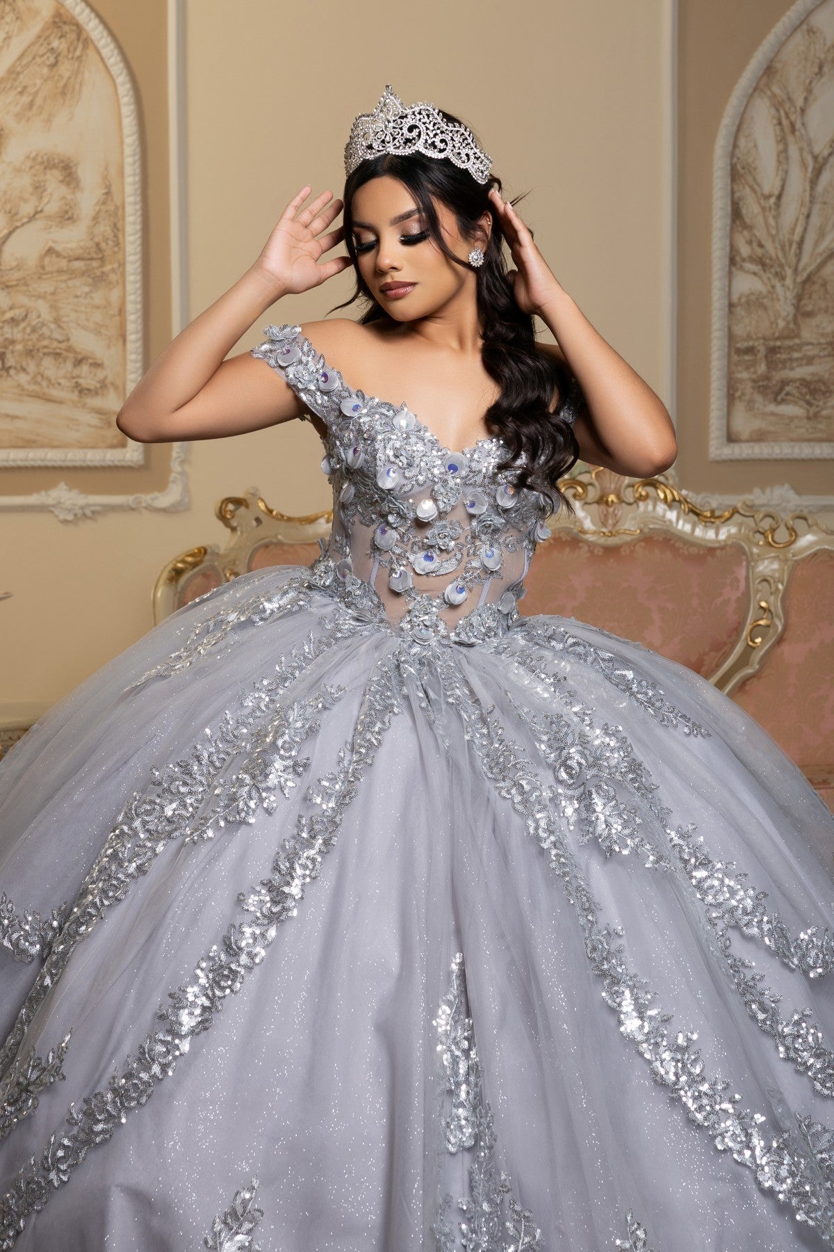 Off-the-Shoulder Floor-Length Tulle Quinceañera Ball Gown May Queen LK285
