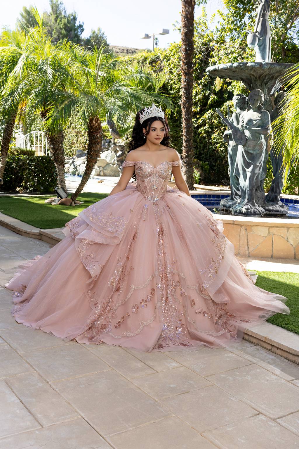 Off-the-Shoulder Floor-Length with Train Tulle Quinceañera Ball Gown May Queen LK293