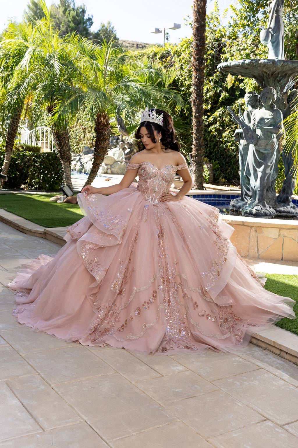 Off-the-Shoulder Floor-Length with Train Tulle Quinceañera Ball Gown May Queen LK293