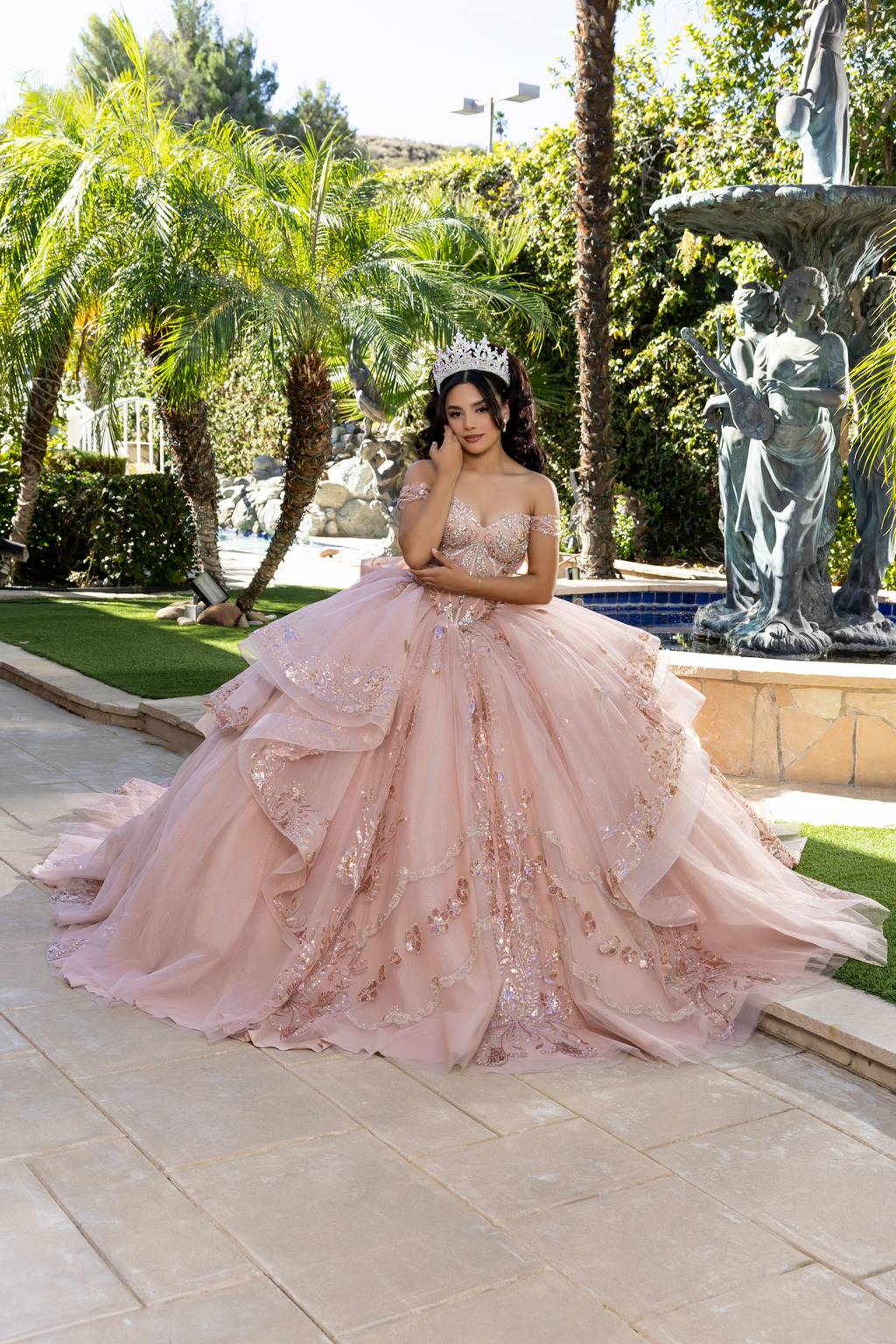Off-the-Shoulder Floor-Length with Train Tulle Quinceañera Ball Gown May Queen LK293