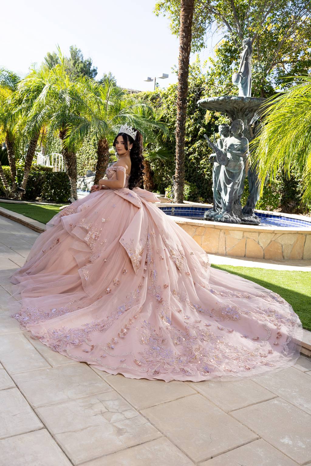 Off-the-Shoulder Floor-Length with Train Tulle Quinceañera Ball Gown May Queen LK293