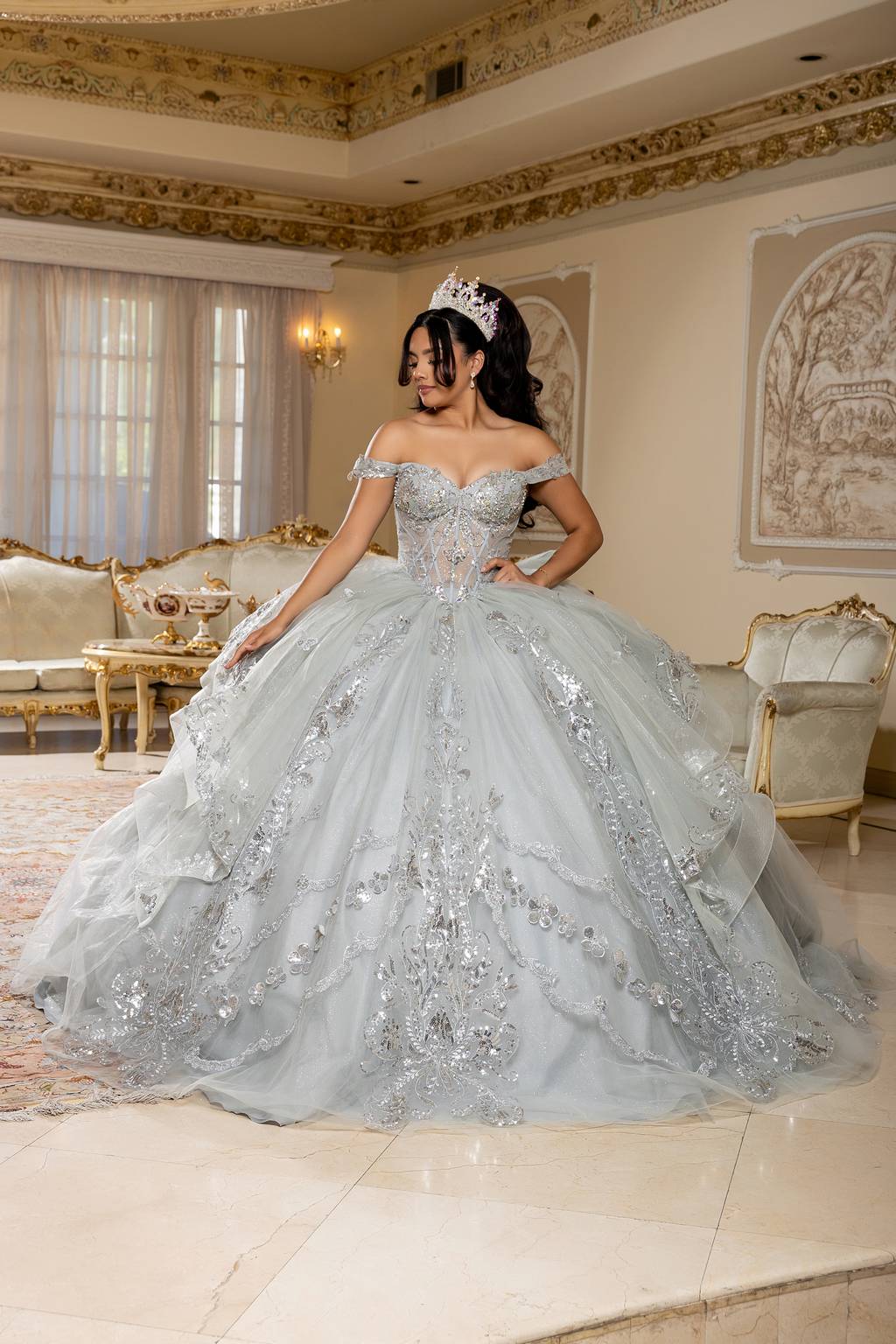 Off-the-Shoulder Floor-Length with Train Tulle Quinceañera Ball Gown May Queen LK293