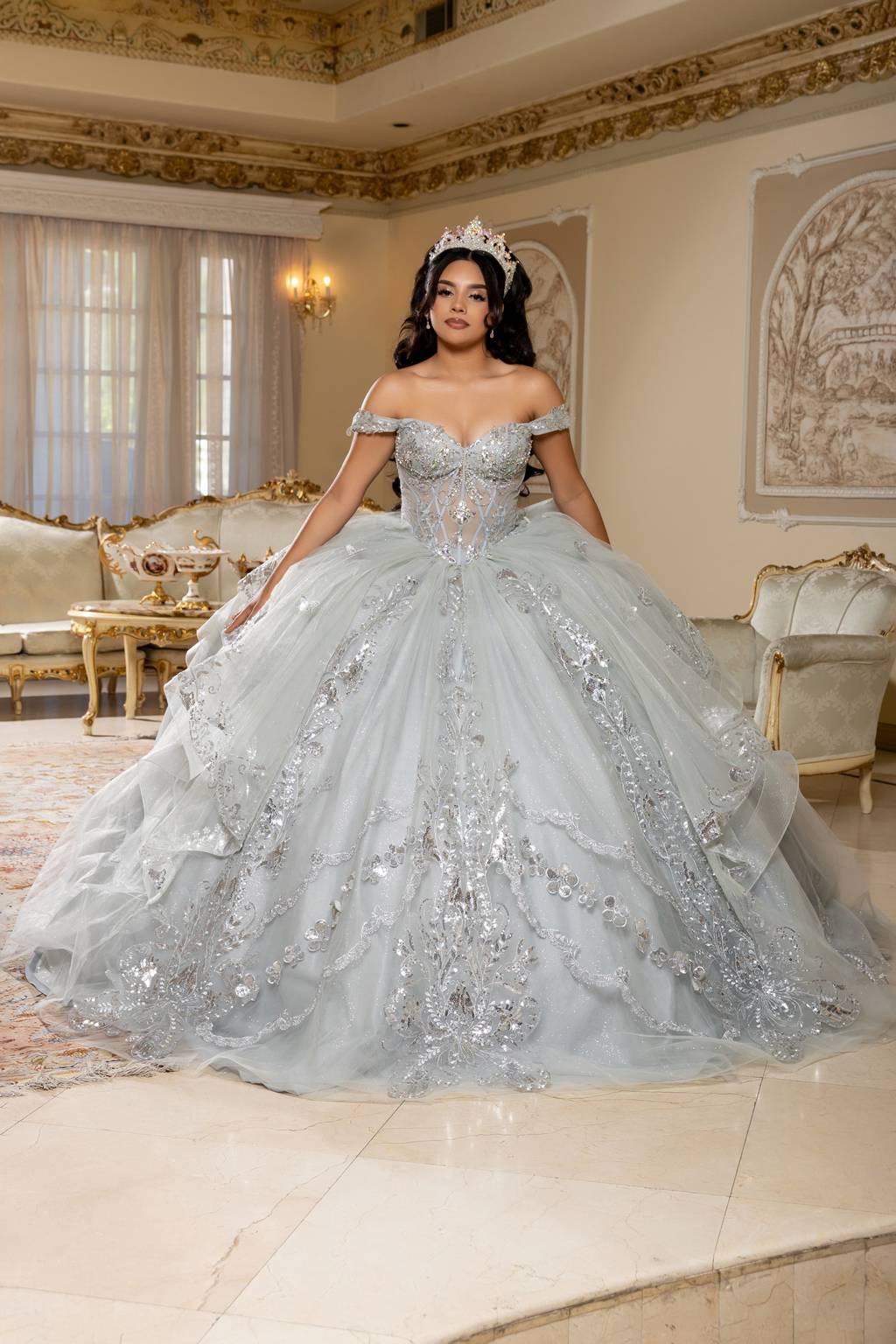 Off-the-Shoulder Floor-Length with Train Tulle Quinceañera Ball Gown May Queen LK293