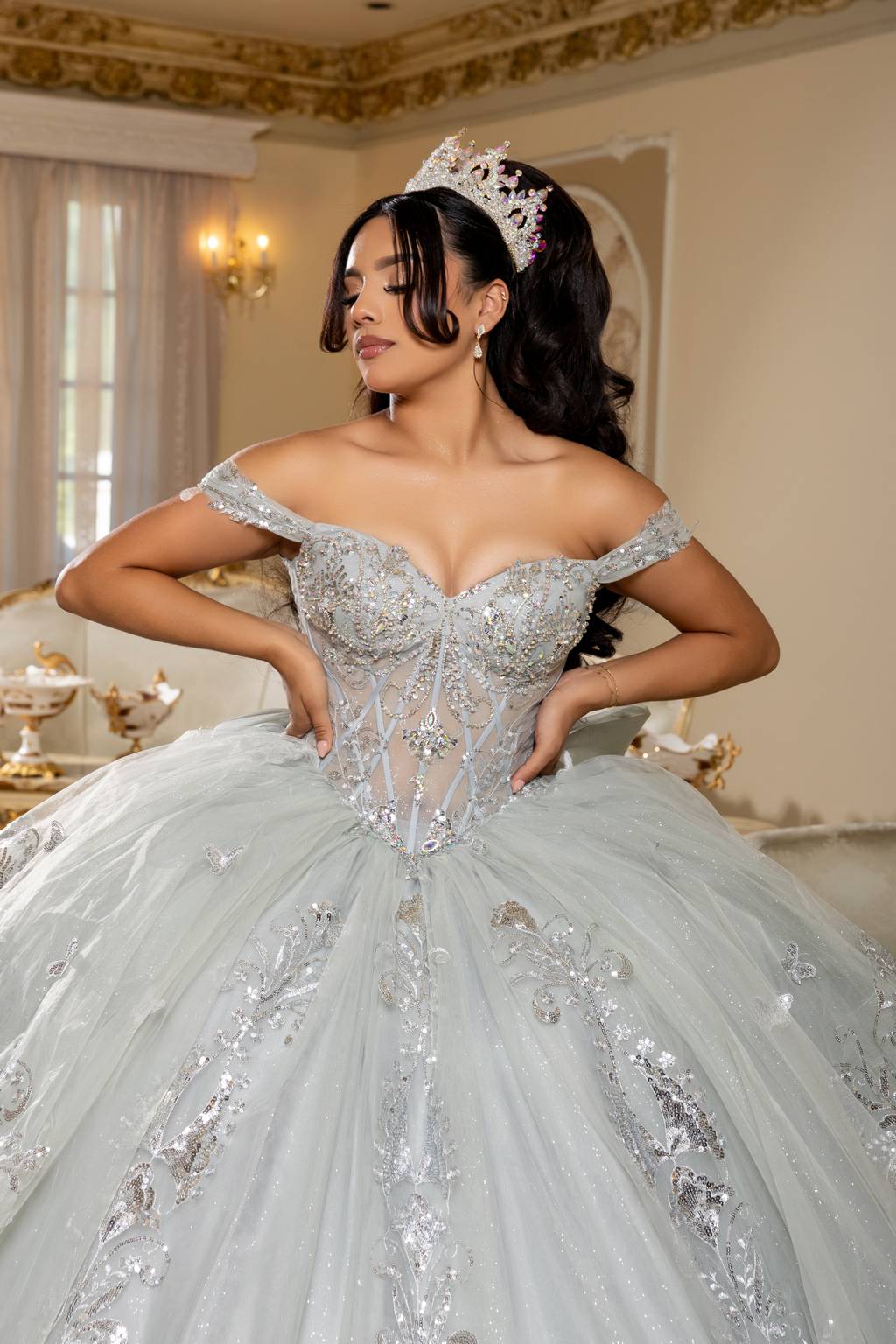 Off-the-Shoulder Floor-Length with Train Tulle Quinceañera Ball Gown May Queen LK293