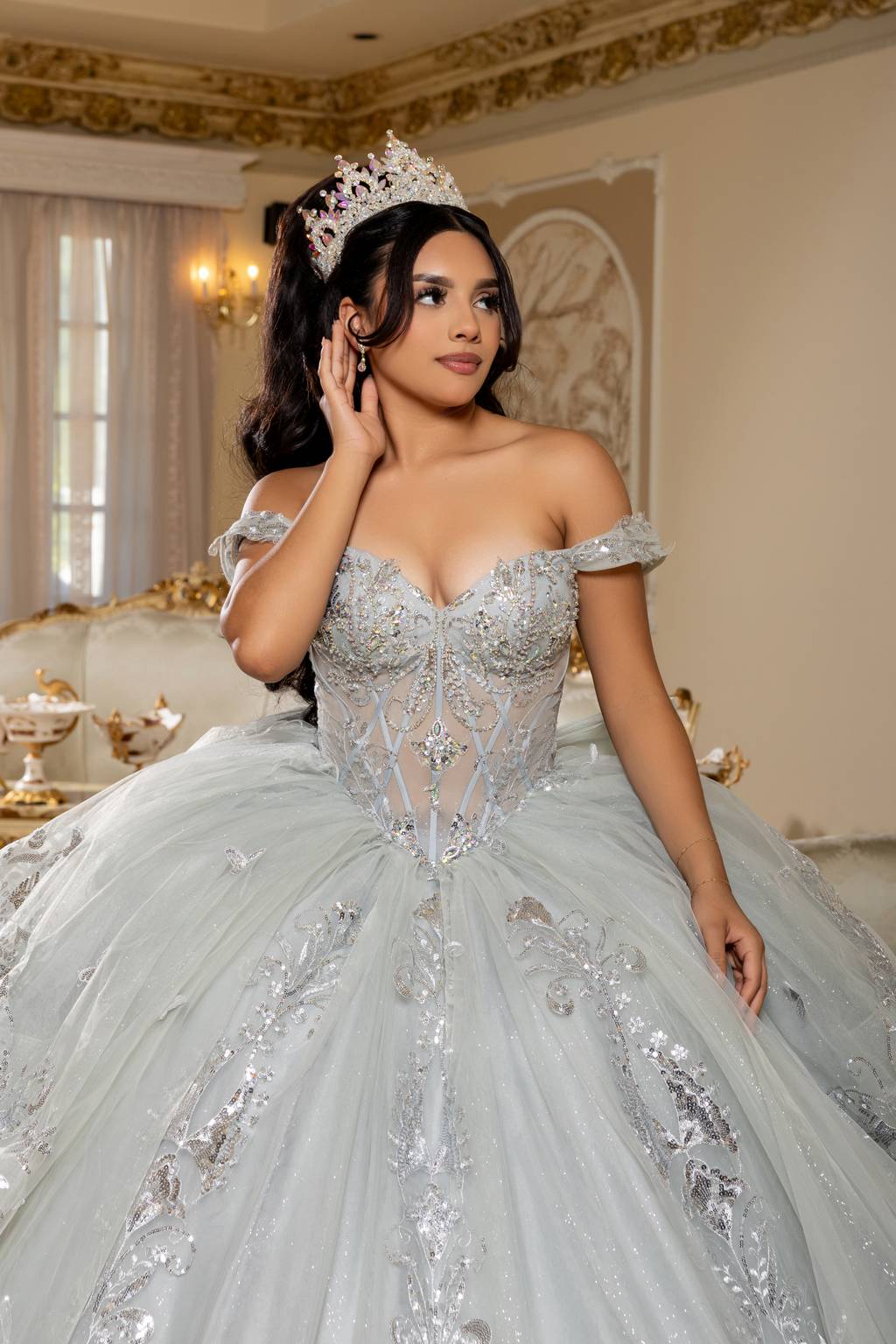 Off-the-Shoulder Floor-Length with Train Tulle Quinceañera Ball Gown May Queen LK293