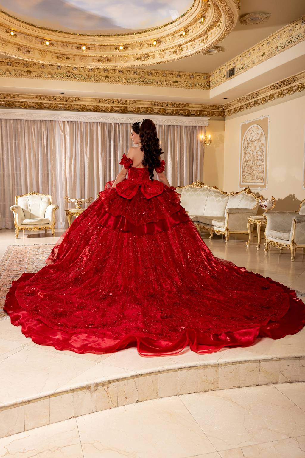 Off-the-Shoulder Floor-Length with Train Tulle Quinceañera Ball Gown May Queen LK295