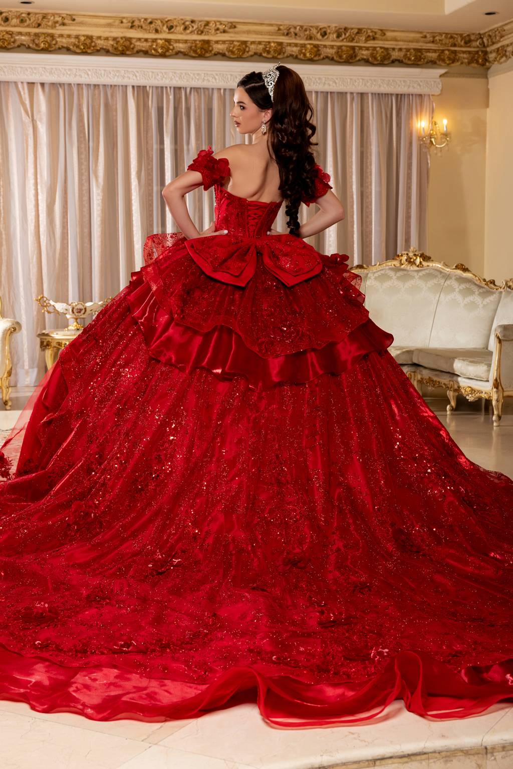 Off-the-Shoulder Floor-Length with Train Tulle Quinceañera Ball Gown May Queen LK295