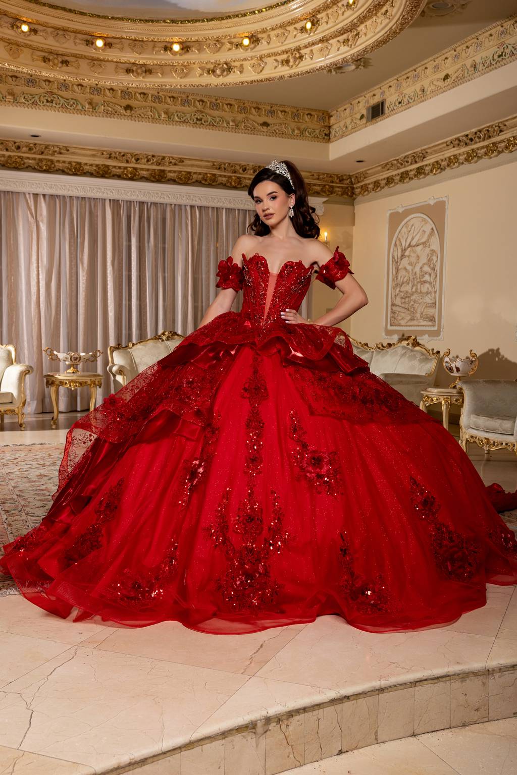 Off-the-Shoulder Floor-Length with Train Tulle Quinceañera Ball Gown May Queen LK295