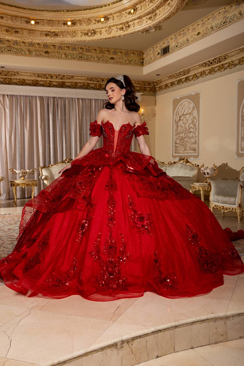 Off-the-Shoulder Floor-Length with Train Tulle Quinceañera Ball Gown May Queen LK295