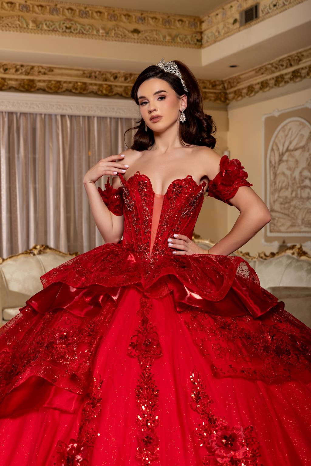 Off-the-Shoulder Floor-Length with Train Tulle Quinceañera Ball Gown May Queen LK295