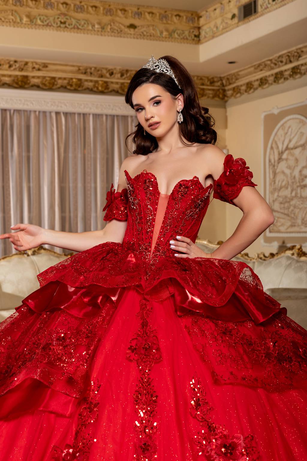Off-the-Shoulder Floor-Length with Train Tulle Quinceañera Ball Gown May Queen LK295