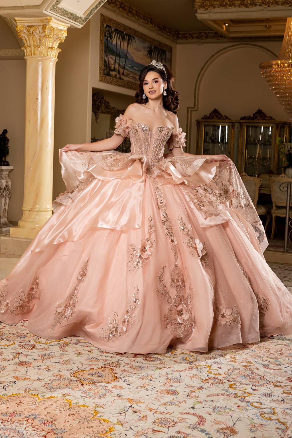 Off-the-Shoulder Floor-Length with Train Tulle Quinceañera Ball Gown May Queen LK295