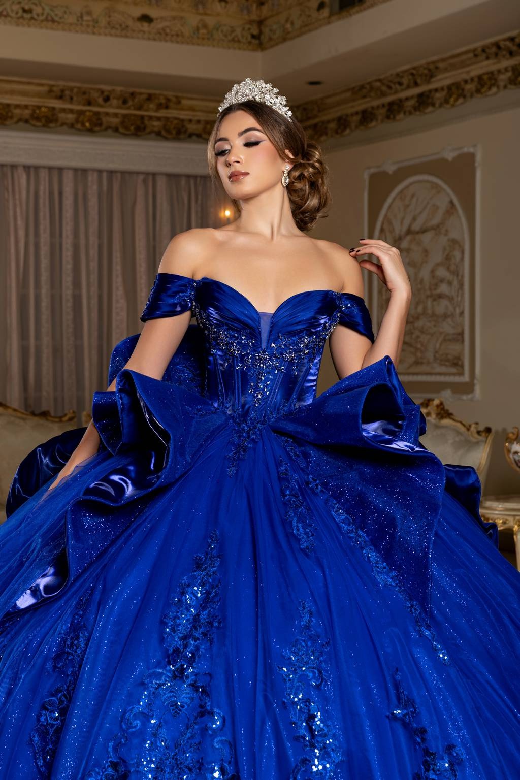 Off-the-Shoulder Floor-Length Tulle Quinceañera Ball Gown May Queen LK297