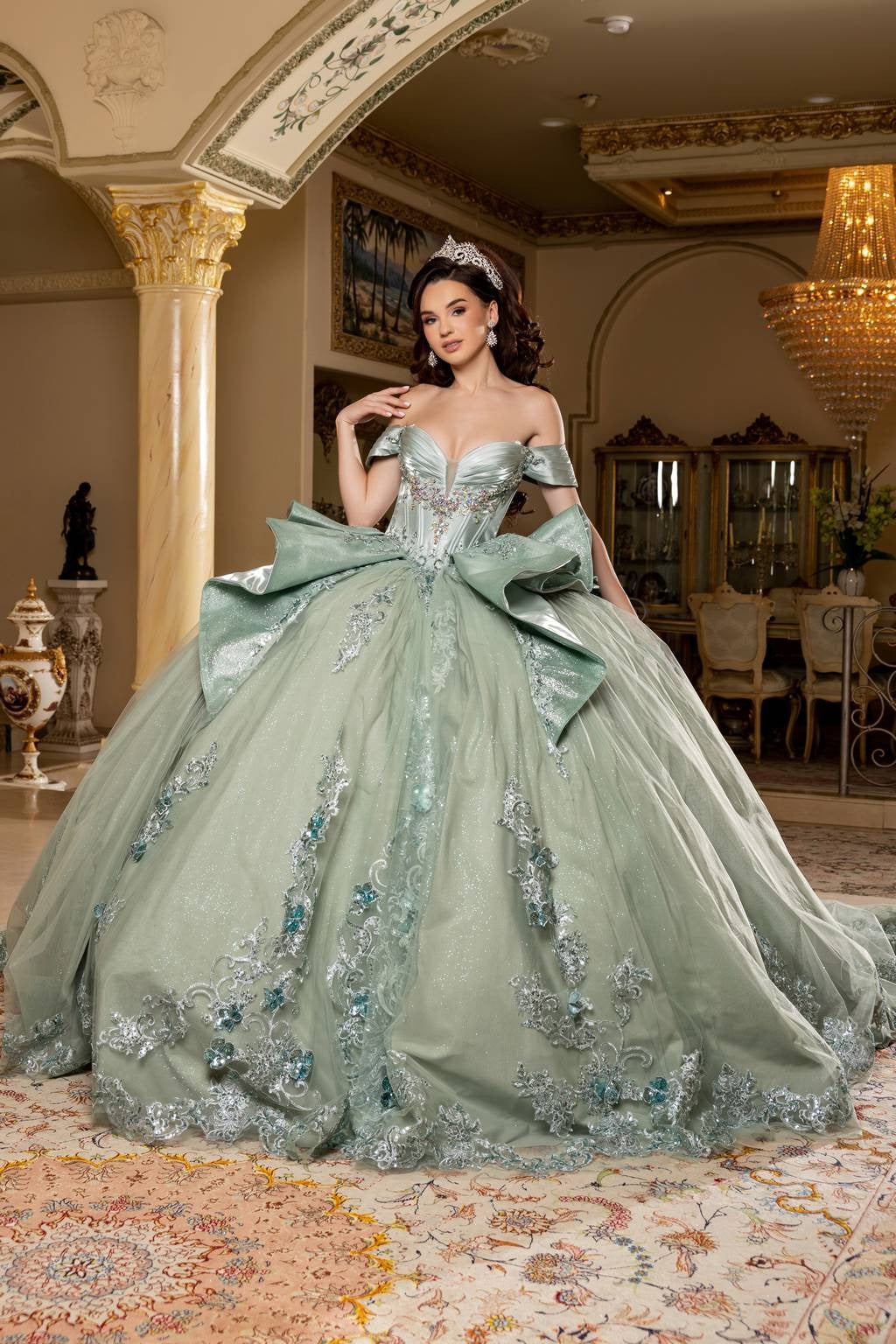 Off-the-Shoulder Floor-Length Tulle Quinceañera Ball Gown May Queen LK297