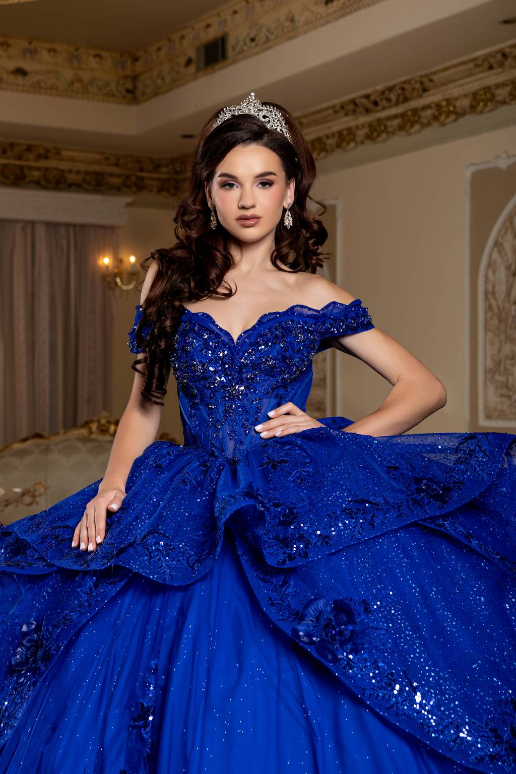 Off-the-Shoulder Floor-Length Tulle Quinceañera Ball Gown May Queen LK298