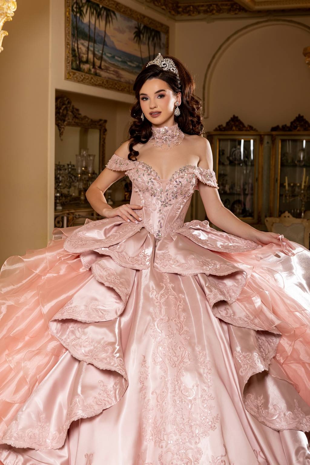 Off-the-Shoulder Floor-Length with Train Satin Quinceañera Ball Gown May Queen LK300