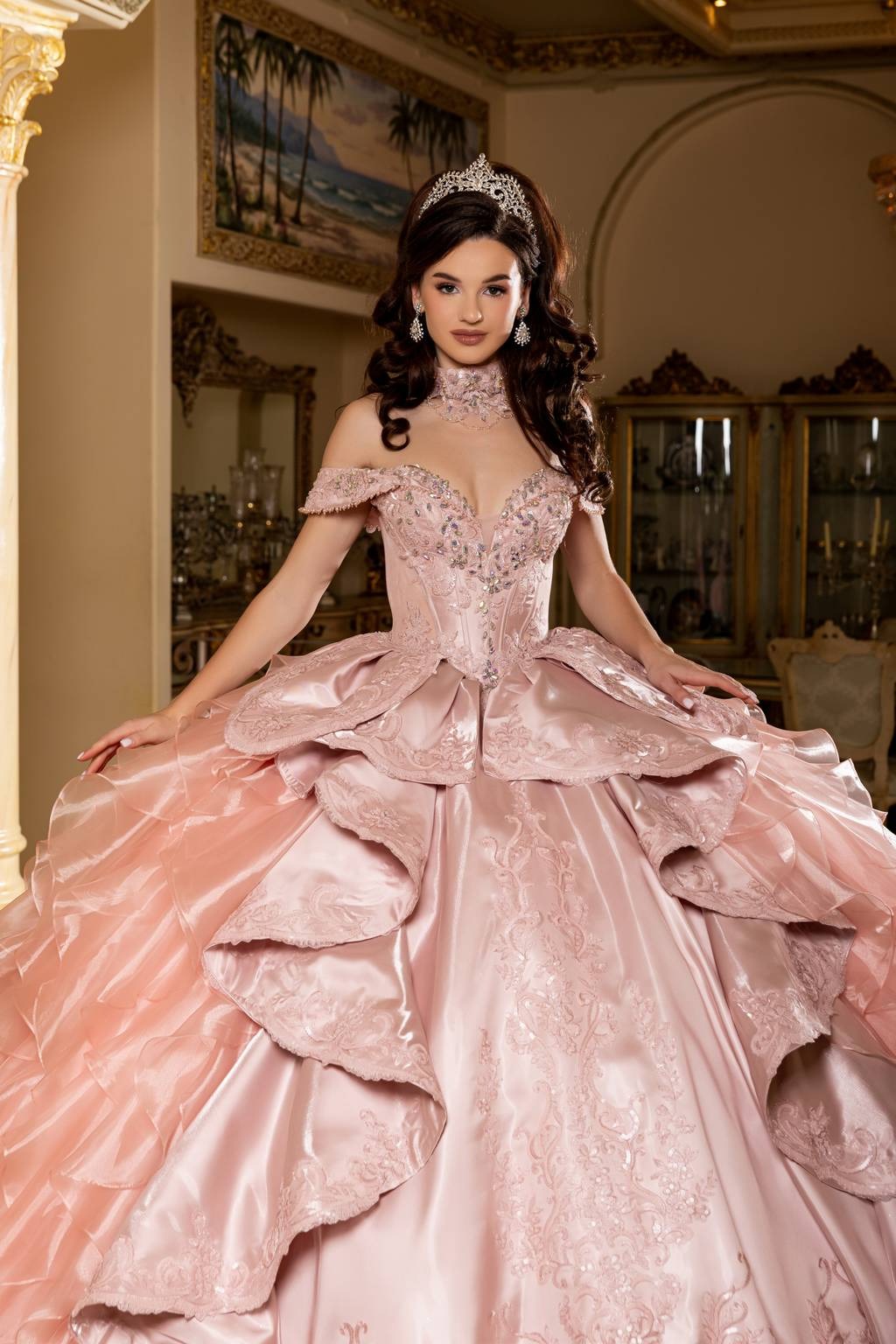 Off-the-Shoulder Floor-Length with Train Satin Quinceañera Ball Gown May Queen LK300