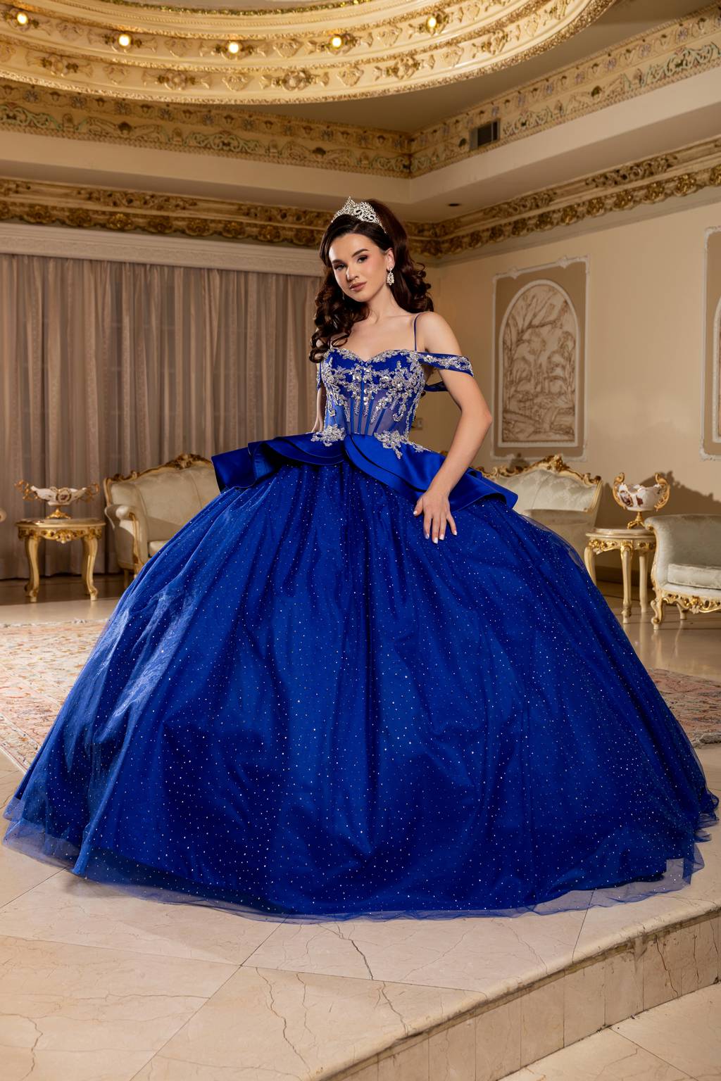 Off-the-Shoulder Floor-Length Tulle Quinceañera Ball Gown May Queen LK301