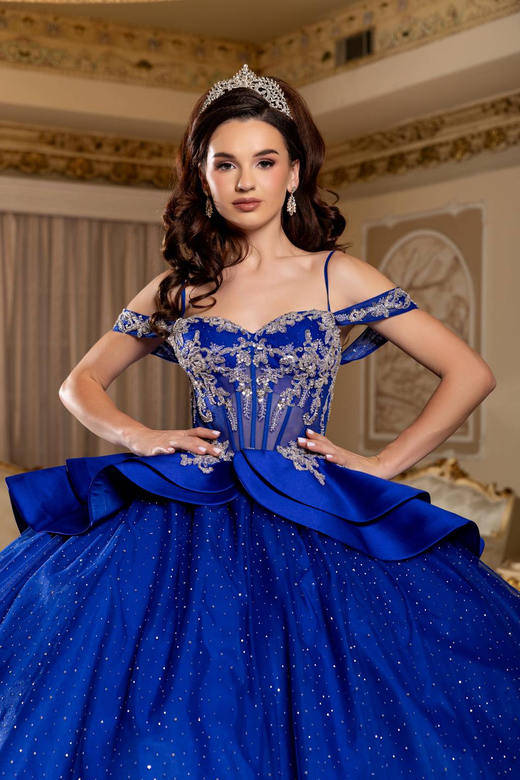 Off-the-Shoulder Floor-Length Tulle Quinceañera Ball Gown May Queen LK301