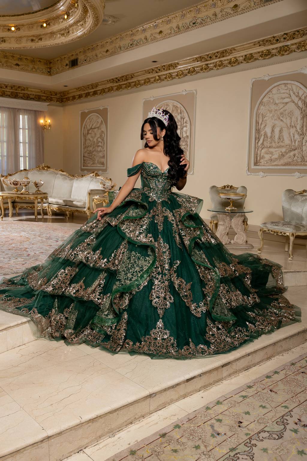 Off-the-Shoulder Floor-Length with Train Tulle Quinceañera Ball Gown May Queen LK302
