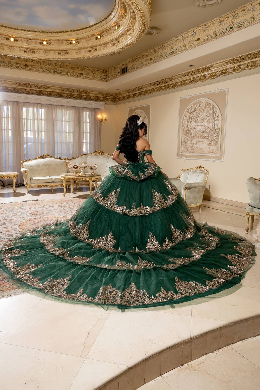 Off-the-Shoulder Floor-Length with Train Tulle Quinceañera Ball Gown May Queen LK302