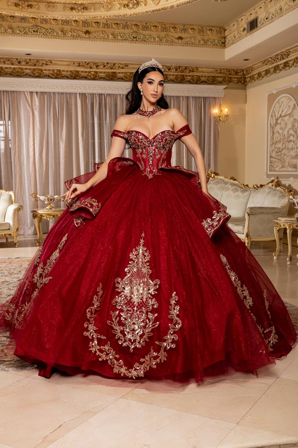Off-the-Shoulder Floor-Length Tulle Quinceañera Ball Gown May Queen LK303