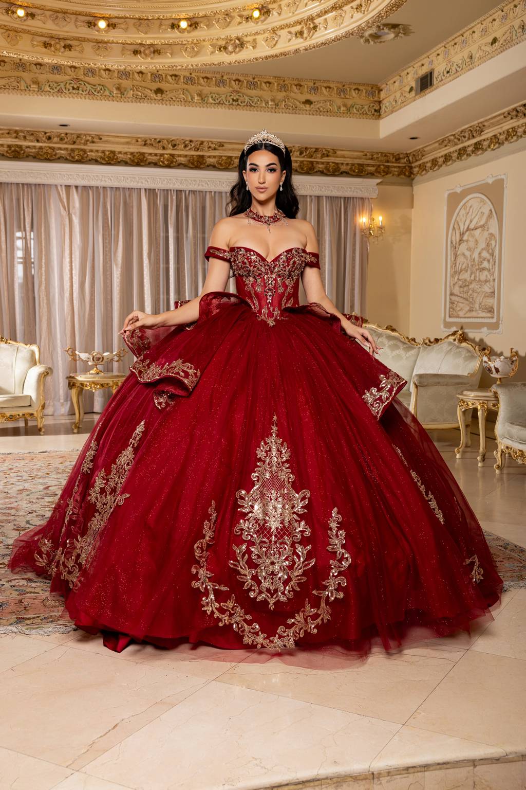 Off-the-Shoulder Floor-Length Tulle Quinceañera Ball Gown May Queen LK303