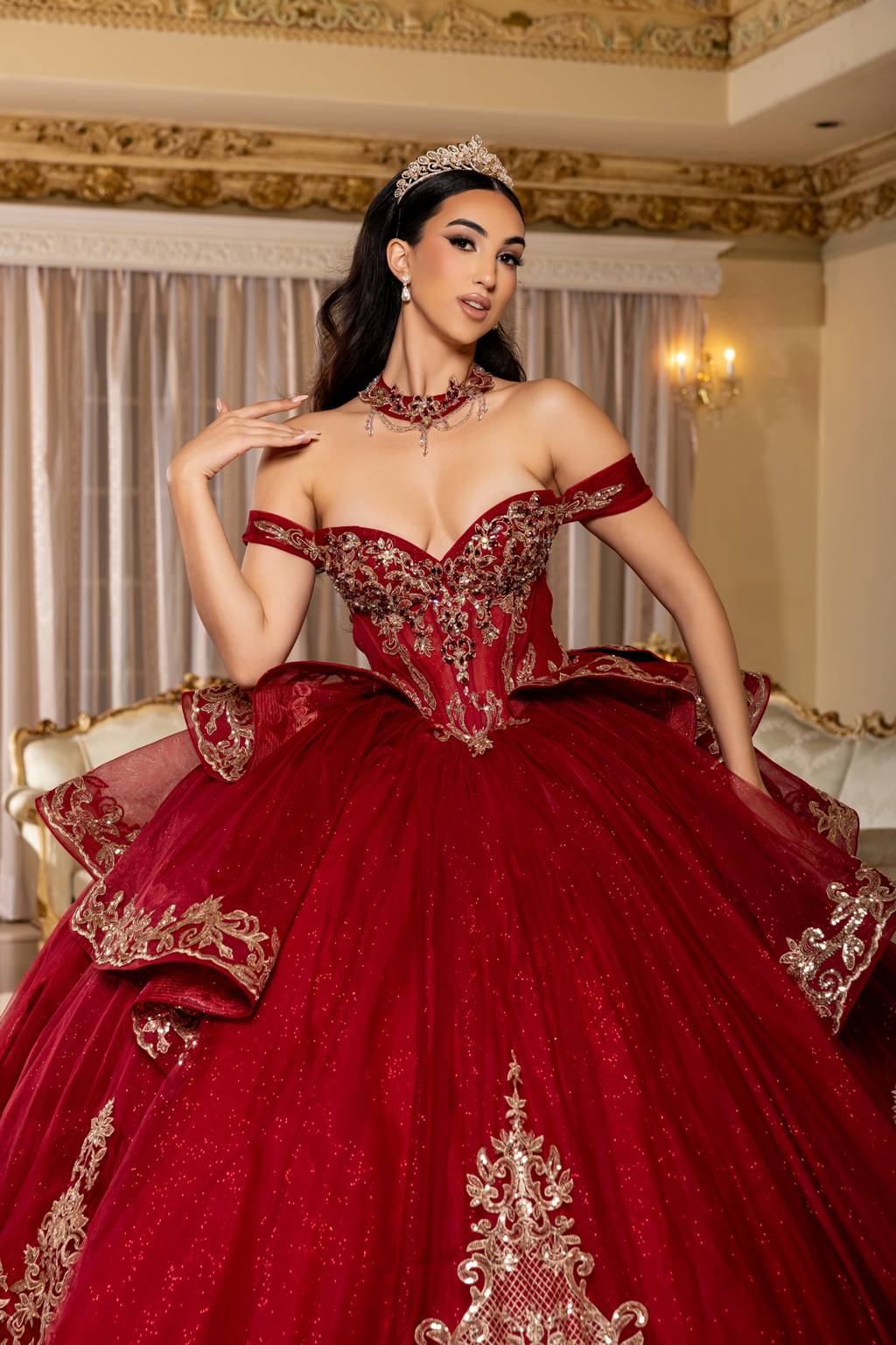 Off-the-Shoulder Floor-Length Tulle Quinceañera Ball Gown May Queen LK303