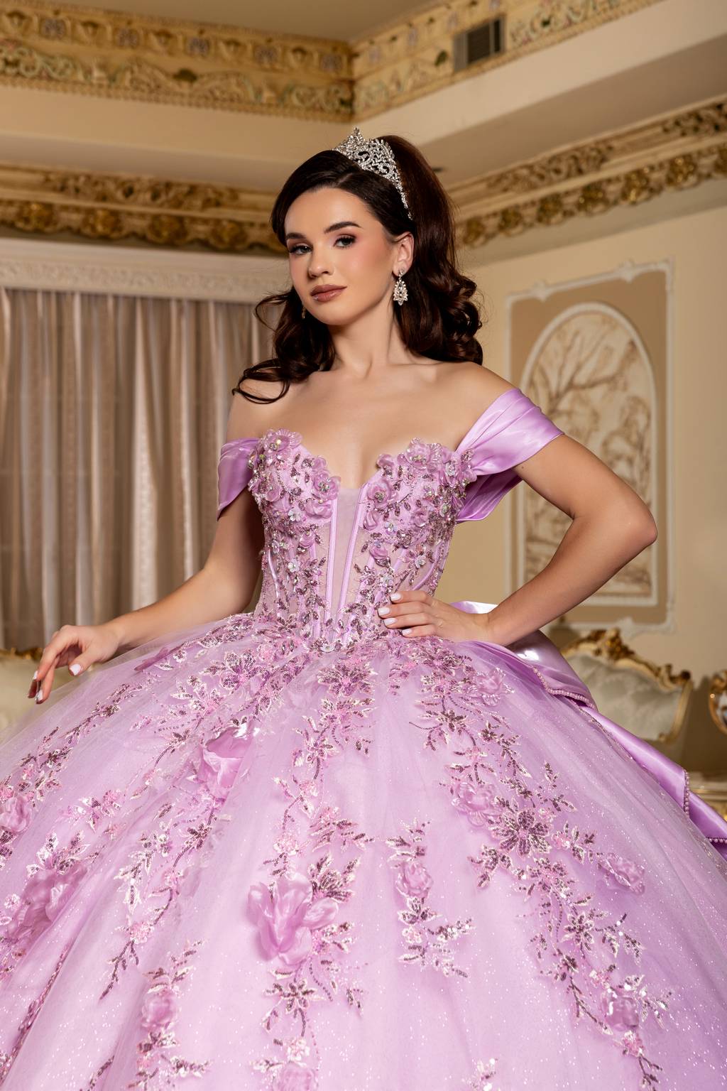 Off-the-Shoulder Floor-Length Tulle Quinceañera Ball Gown May Queen LK305