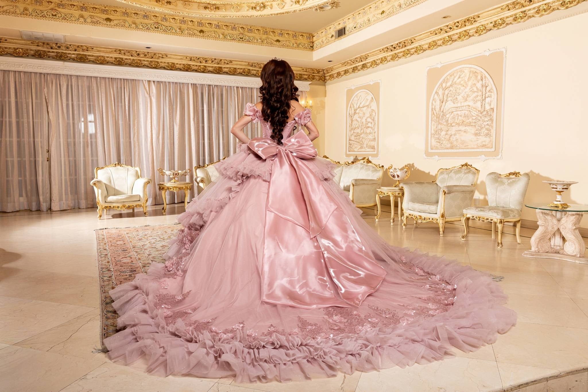 Off-the-Shoulder Floor-Length Tulle Quinceañera Ball Gown May Queen LK312