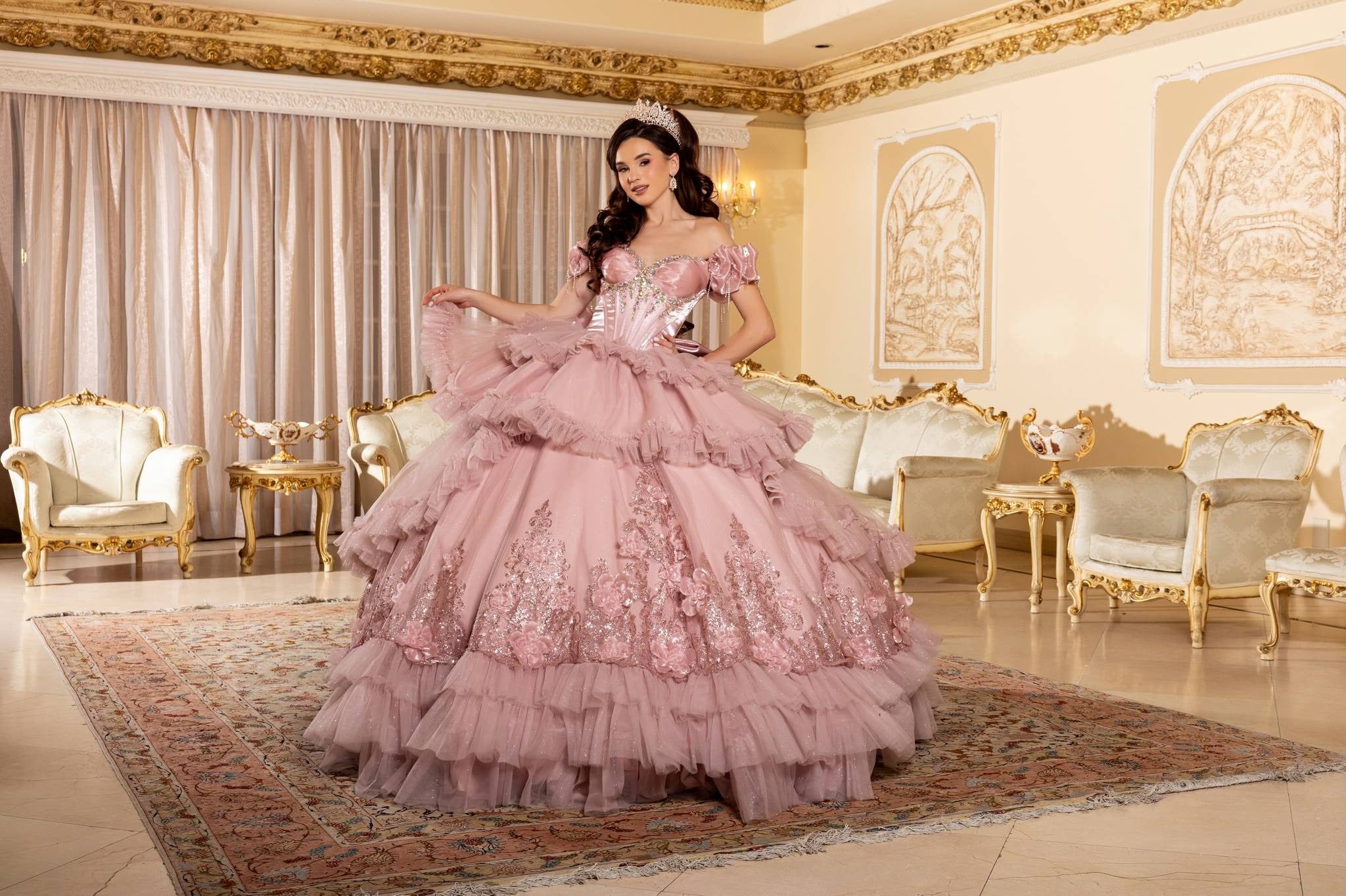 Off-the-Shoulder Floor-Length Tulle Quinceanera Ball Gown May Queen LK312