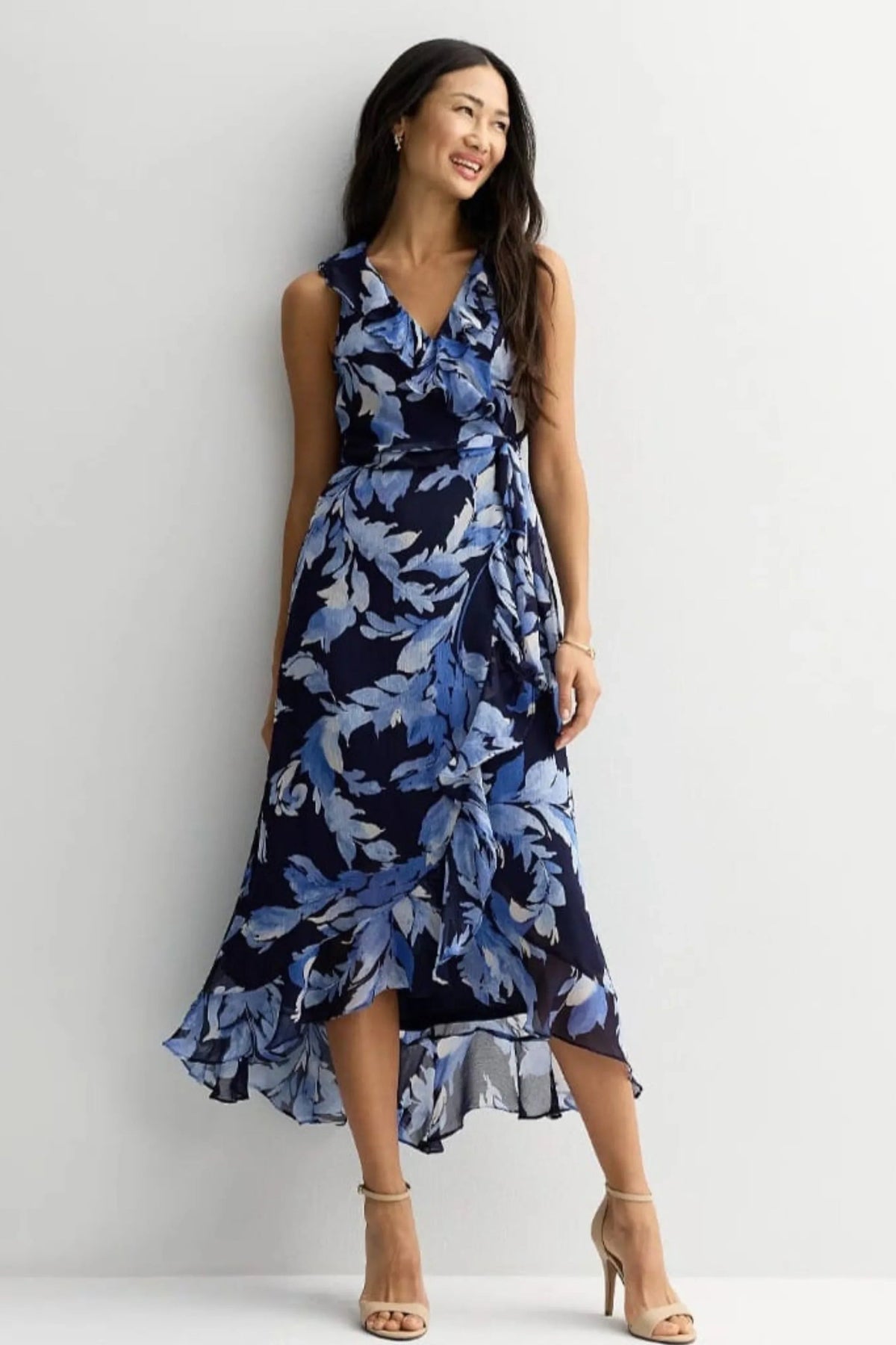 Navy Blue Pleated Smocked Waist Midi Dress London Times T10430M