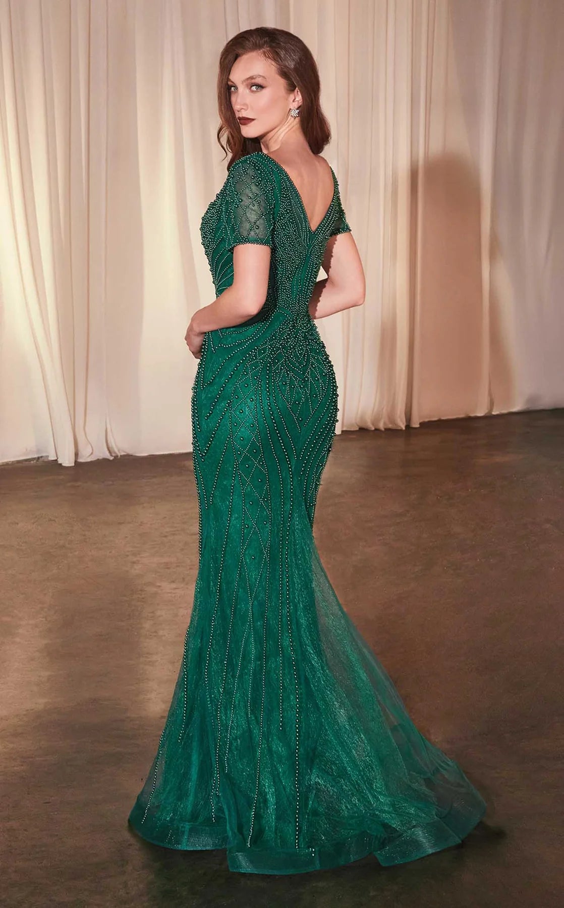 LaDivine CC4019 Long Beaded Fitted Formal Dress in Emerald
