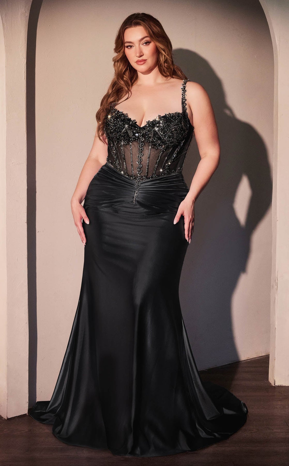 LaDivine CD757C Beaded Long Formal Plus Size Fitted Prom Gown