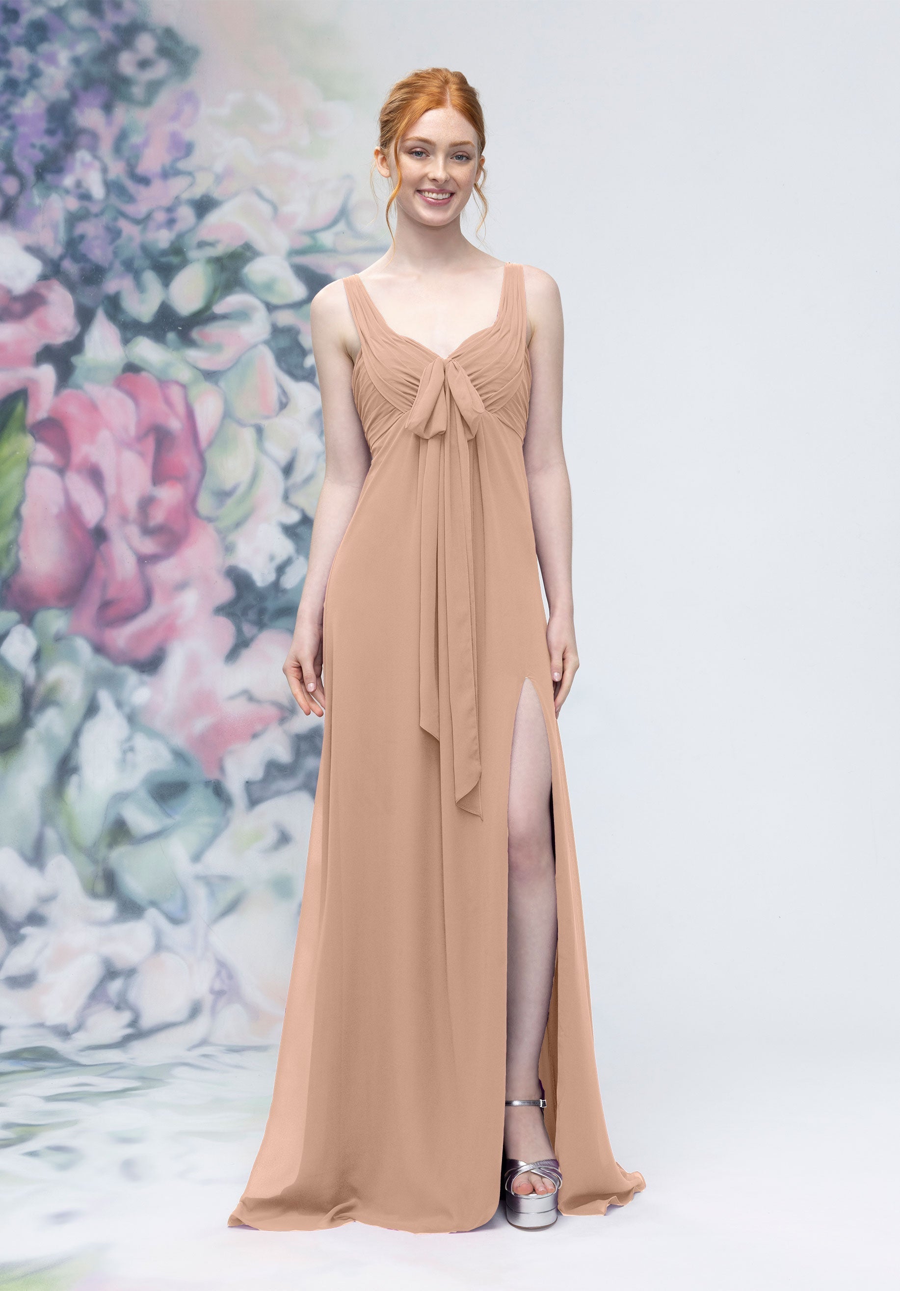 Formal Dresses A Line Long Formal Slit Dress Latte-Chiffon-3030009-Pleated